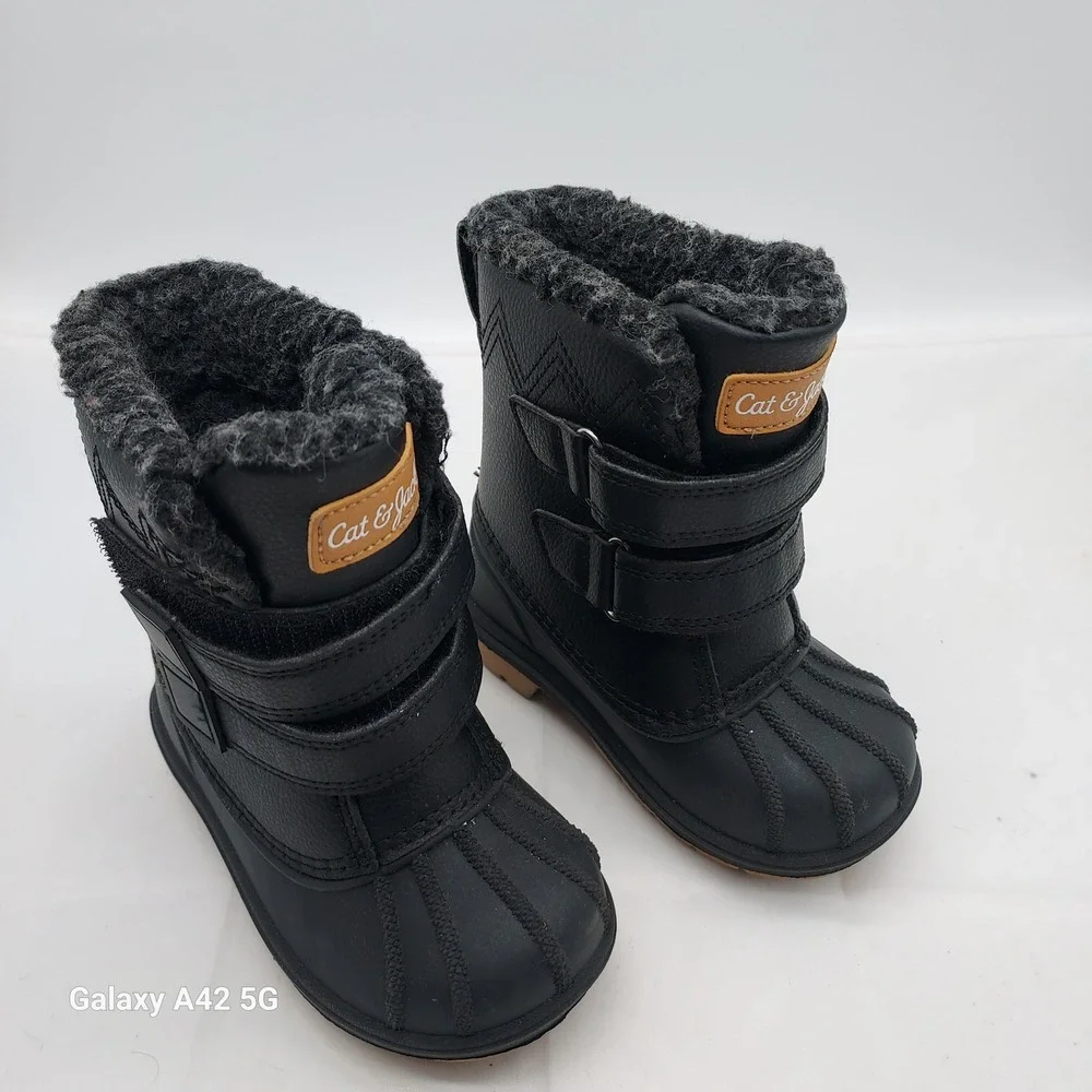 Cat & Jack Toddler Black Faux Fur Lined Winter Duck Boots Size 6 Hook Loop Strap